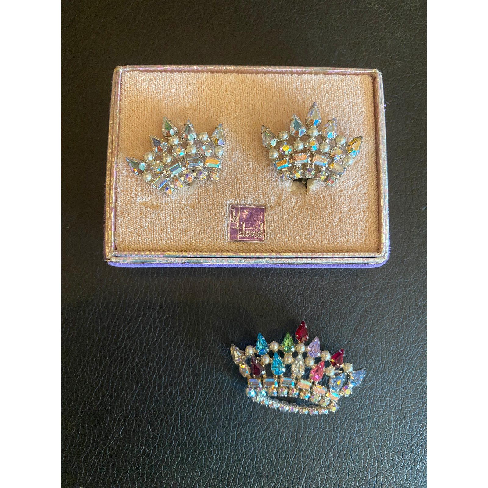 Vintage Brooch And Earrings, Mid Century Jewelry, Vintage Rhinestone Set, Crown